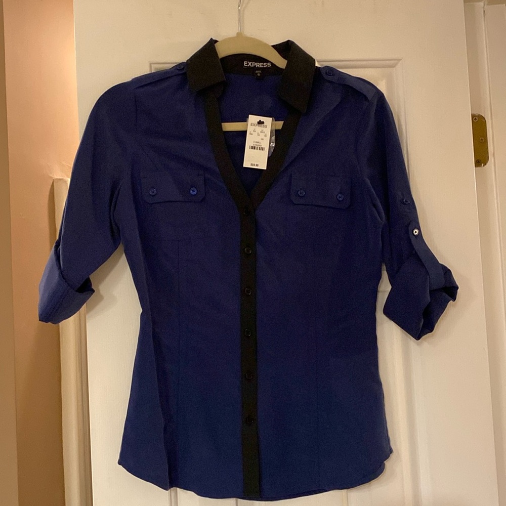 EXPRESS Soft button down with roll tab sleeves and black trim - NWT